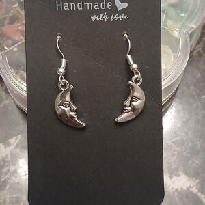 Handmade Silver Moon Face Dangle Earrings